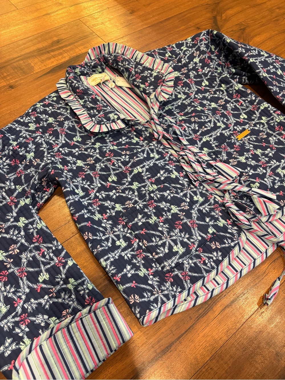 Simply Southern Ophelia Ribbon Quilted Jacket L Navy Blue Striped Tie Front NWT